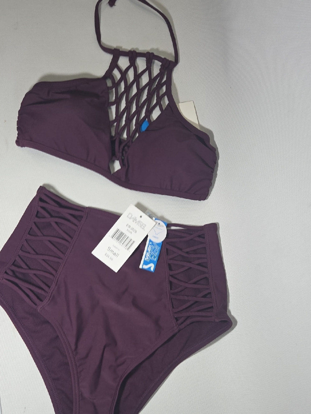 Purple Lattice High-Waist Bikini Set